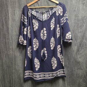 Women's S Loose Blue & White Floral Shirt with Front Tie & Flare Sleeves